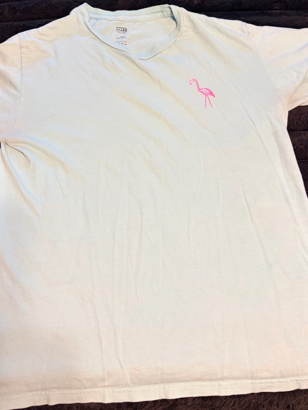 Obey Vintage Light Blue T-Shirt with Pink Flamingo Graphic